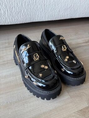 Karl Lagerfeld Black Patent Leather Chunky Loafers with Gold Hardware